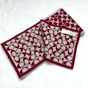 Coach Signature Red and White Metallic Silver Knit Scarf